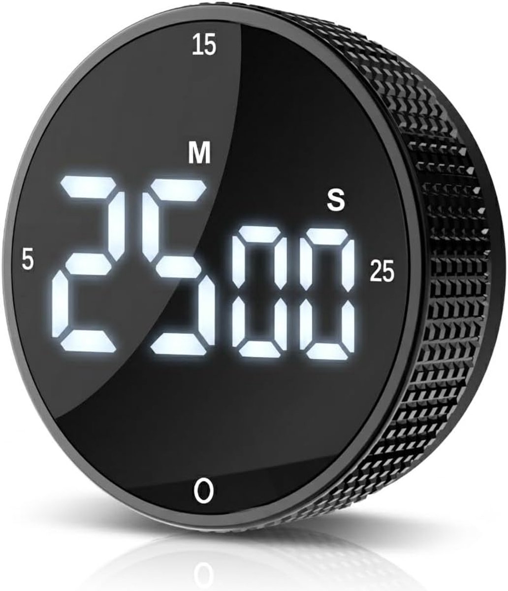 KZQ Digitale Keukentimer met Groot Leddisplay, Magnetische Aftelklok met Oplopende Tijd, 5 15 25 Minuut Presets, 3 Volumestanden, Draaiknop voor Koken Studie en Sport, Zwart