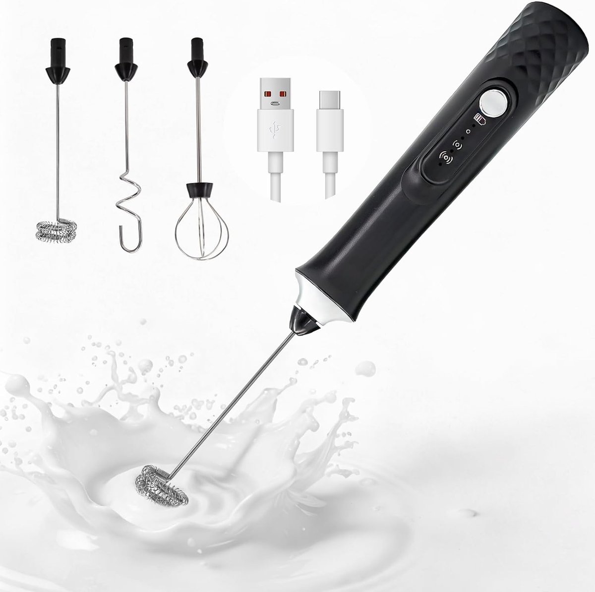 Bobypet - Elektrische Melkopschuimer Handheld - Oplaadbaar via USB-C - Met 3 Roestvrijstalen Gardes - 1200 mAh Accu - 3 Snelheden - Zwart