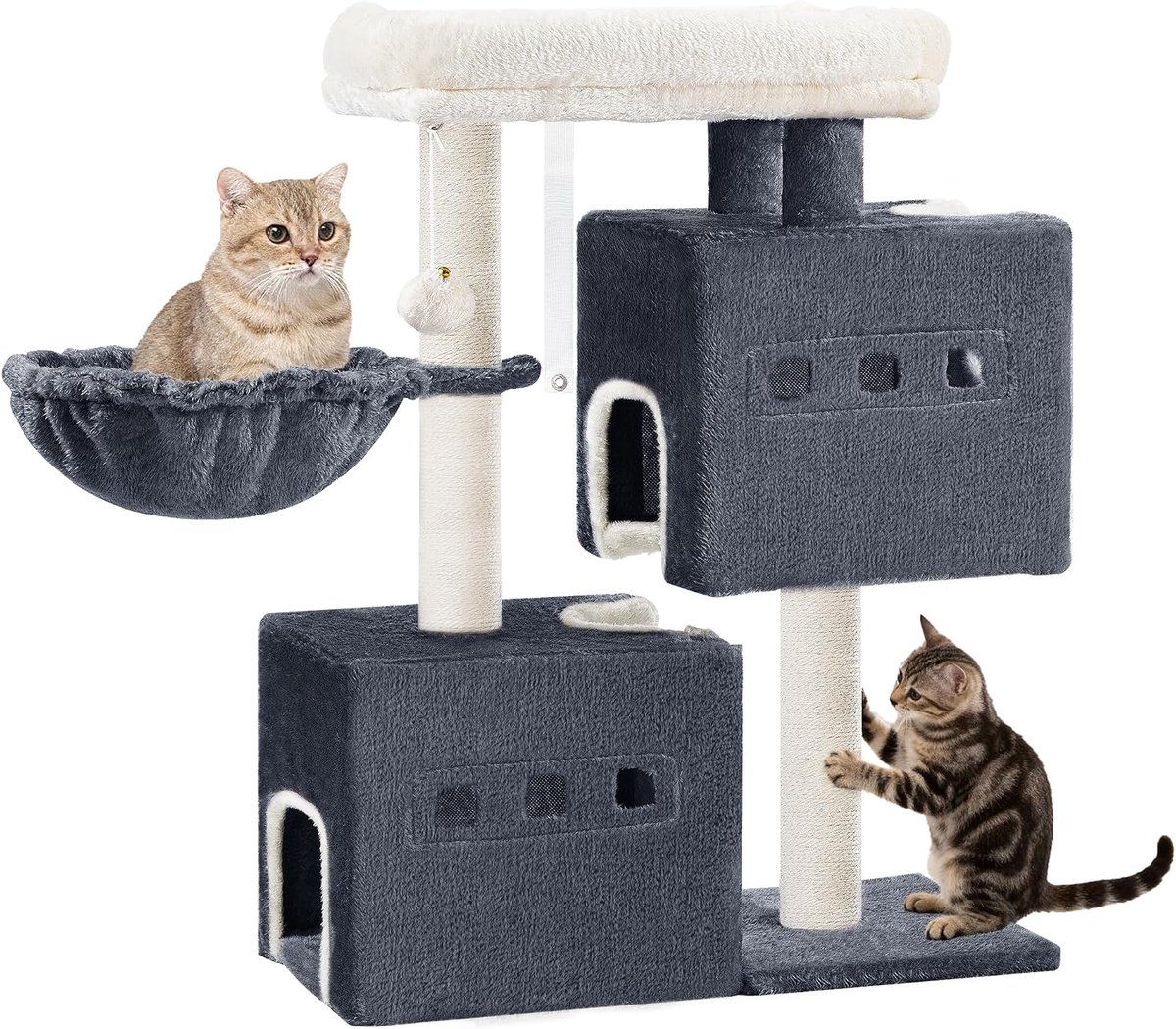 Hzuaneri 98 cm Krabpaal, kattenboom, kleine krabpaal met meerdere verdiepingen met zitstang, kattenhuismeubel met 2 holten, sisal kattenkrabpaal, hangmat, hol, Donkergrijs