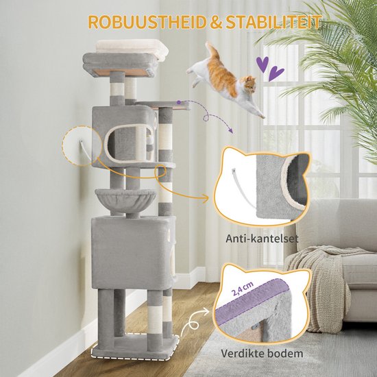 Grijze kattenkrabpaal van 180 cm hoog met anti-kantelsysteem en verdikte bodem, met een kat die springt.