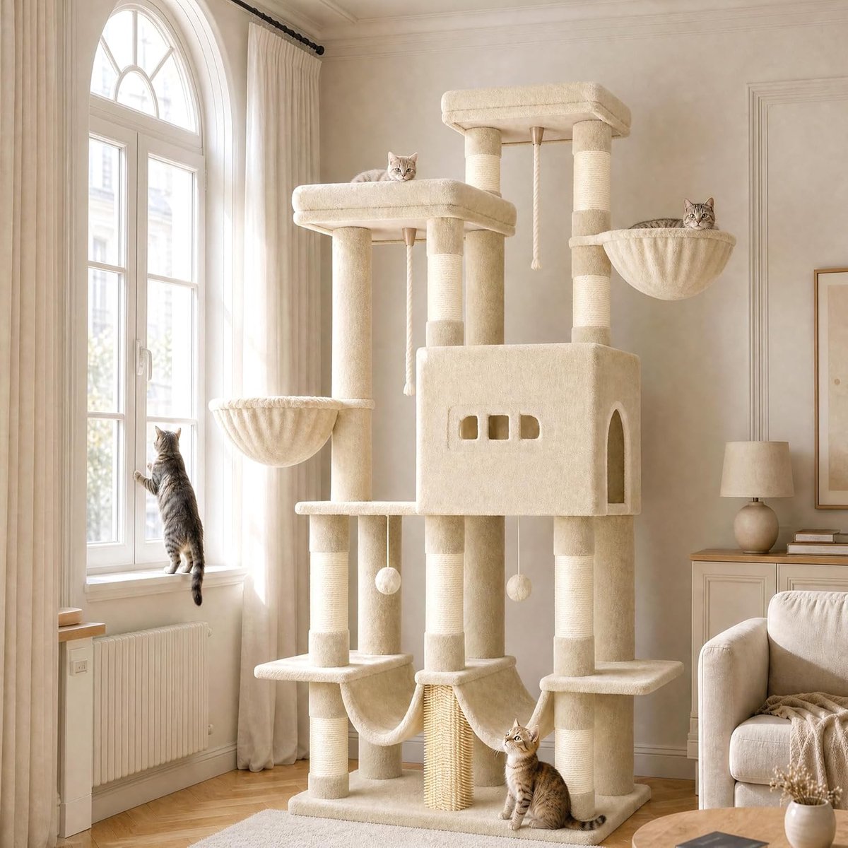 Hzuaneri Krabpaal, 176 cm grote krabpaal, 2 platforms, 2 grote holen, 9 sisal krabpalen, 2 hangmatten, kattenmand, pompons, geschikt voor Maine Coon katten, beige