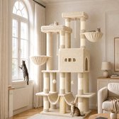 Hzuaneri Arbre à chat, grand arbre à chat de 176 cm, 2 plateformes, 2 grandes niches, 9 poteaux à griffer en sisal, 2 hamacs, panier pour chat, pompons, convient aux chats Maine Coon, beige