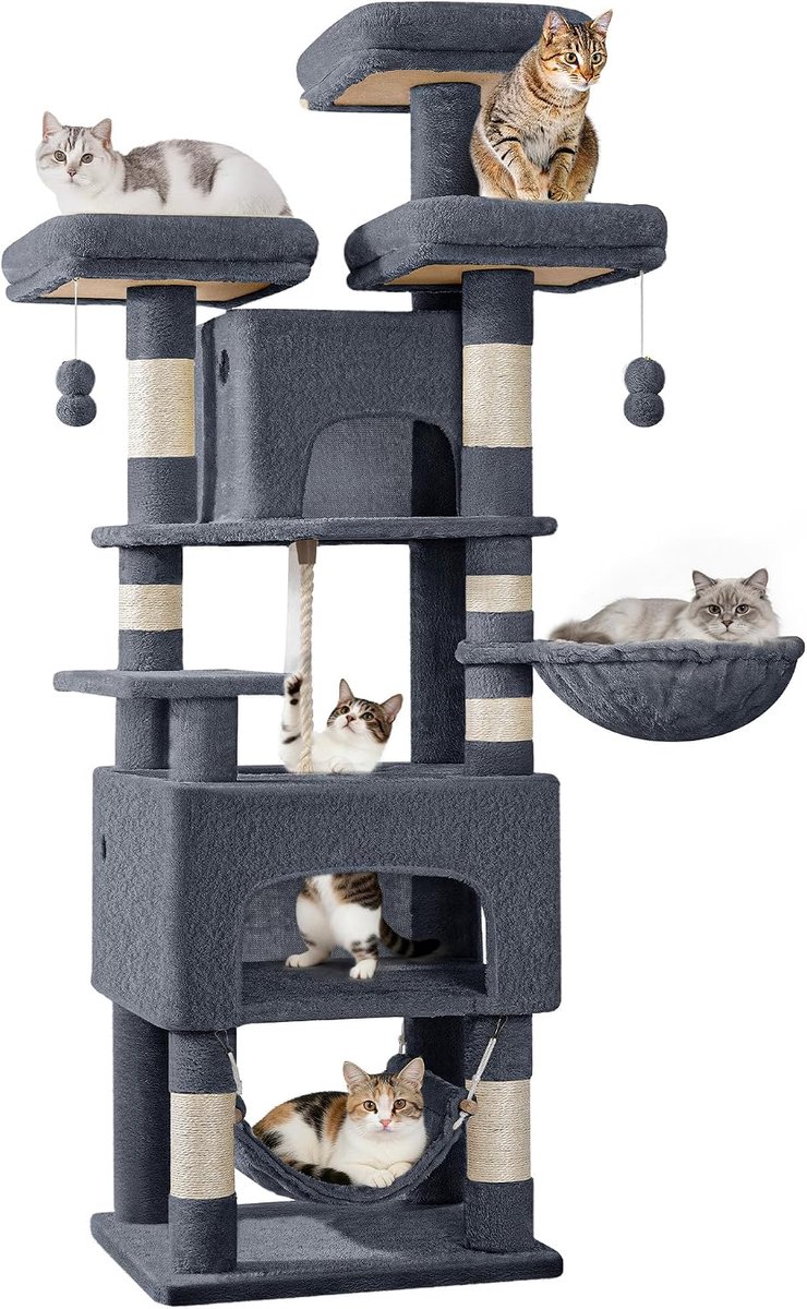 Hzuaneri krabpaal, 156 cm lang, 3 platforms, 2 holen, 7 krabpalen, hangmat, pluche ballen, krabpaal voor huishoudens met meerdere katten, donkergrijs
