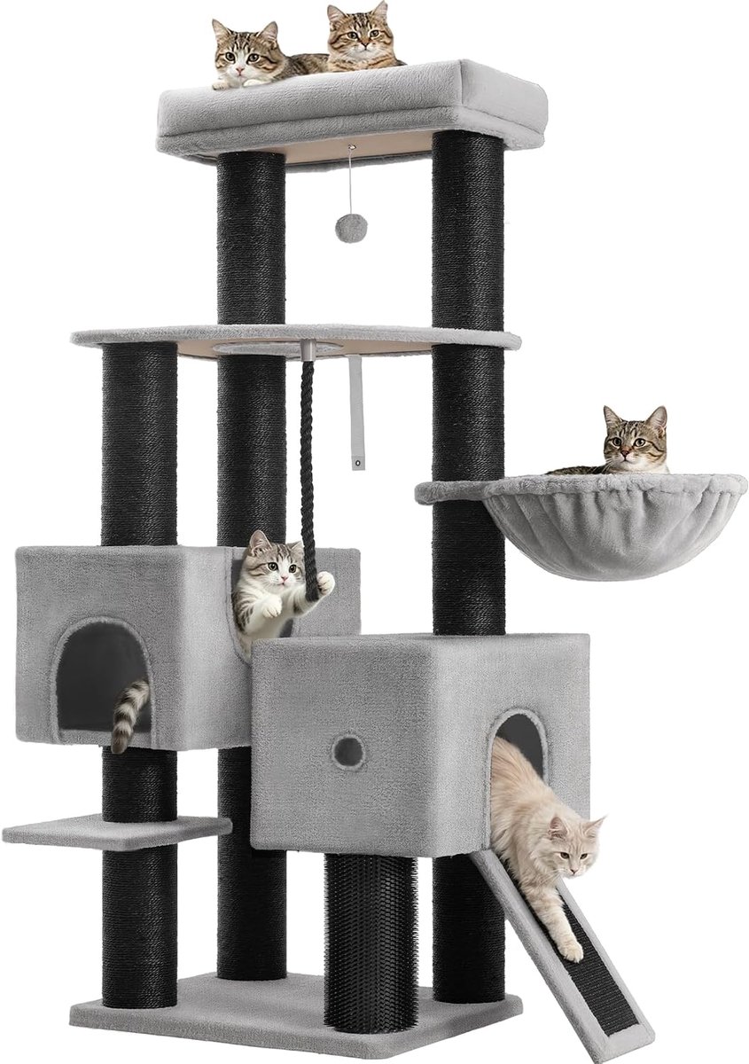 Hzuaneri Krabpaal, 160 cm Stevige Krabpaal voor Grote Katten, Lichtgrijs,2 Grote Schuilplaatsen, 10 Krabpalen, Ruim Platform, Krabplank, mand, Verzorgingspaal, Sisaltouw, Pompons