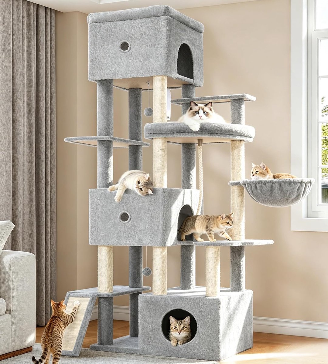 Hzuaneri Krabpaal, 200 cm XXL, lichtgrijs, met 3 grote holen, meerdere platforms, 7 sisalpalen, krabplank, mandjes, pompons, voor grote katten, stabiel, voor gebruik binnenshuis