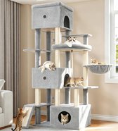Hzuaneri Krabpaal, 200 cm XXL, lichtgrijs, met 3 grote holen, meerdere platforms, 7 sisalpalen, krabplank, mandjes, pompons, voor grote katten, stabiel, voor gebruik binnenshuis