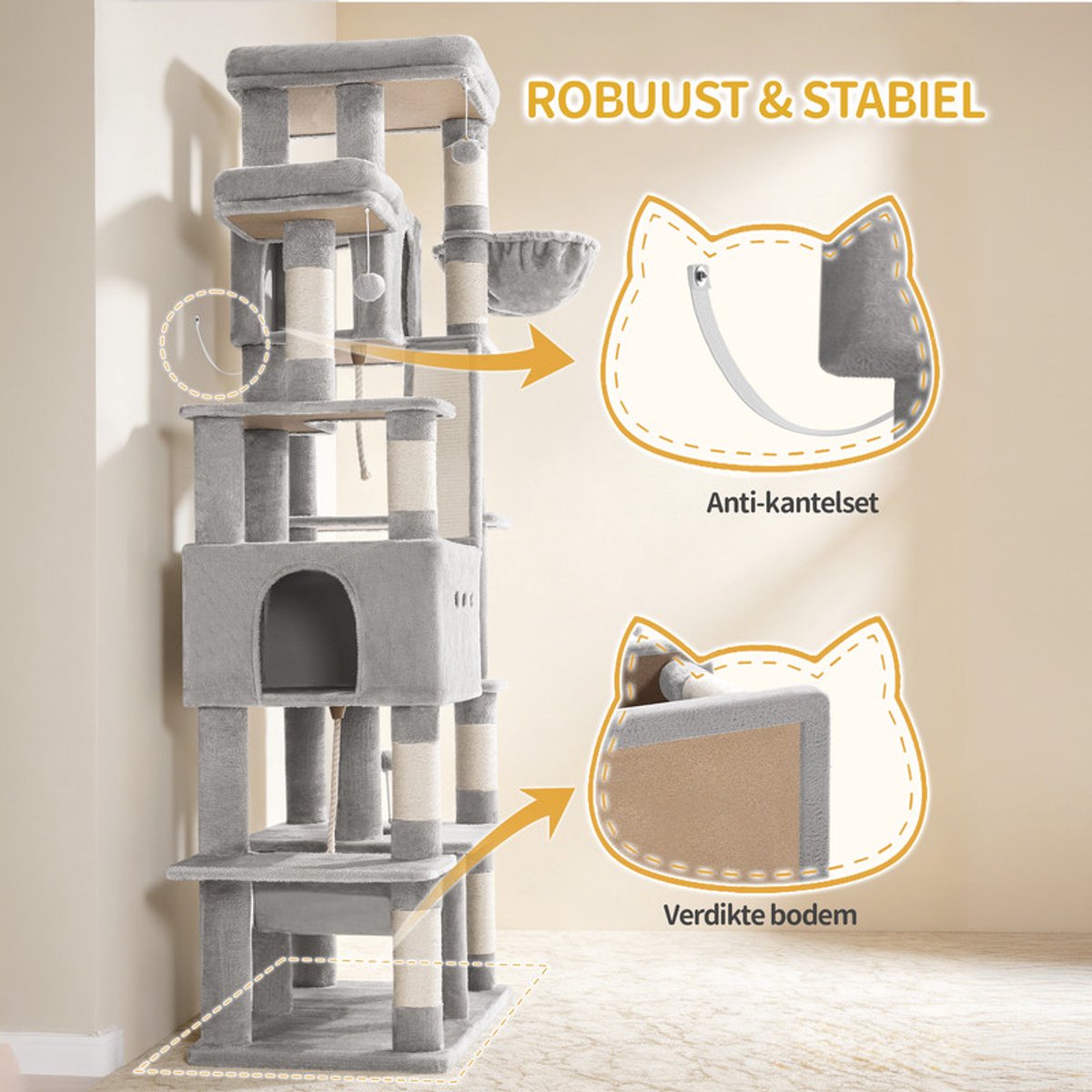 Hzuaneri Krabpaal, 201 cm XXL Krabpaal met 9 krabpalen, 2 holen, 2 hangmatten, groot platform, sisaltouw, mand, robuuste krabpaal voor Maine Coons en grote katten, lichtgrijs thumbnail 6