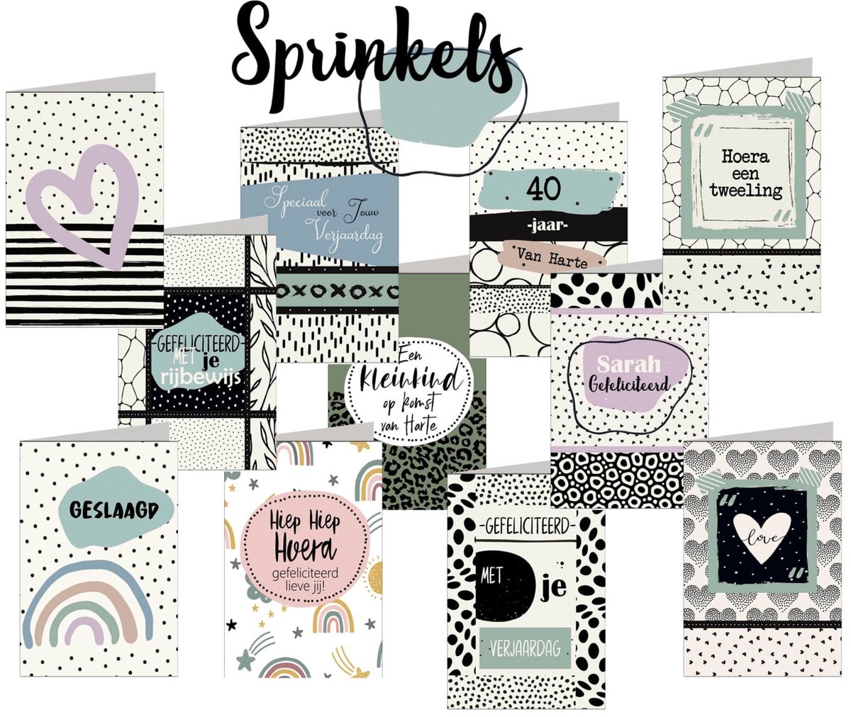 Sprinkels 11x17 cm complete serie inclusief display in bruikleen, topkaart en backcards