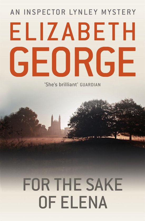 Boekomslag van "FOR THE SAKE OF ELENA" door Elizabeth George, een Inspector Lynley mysterie. Op de omslag staat een mistig landschap met bomen en een kasteel in de verte.