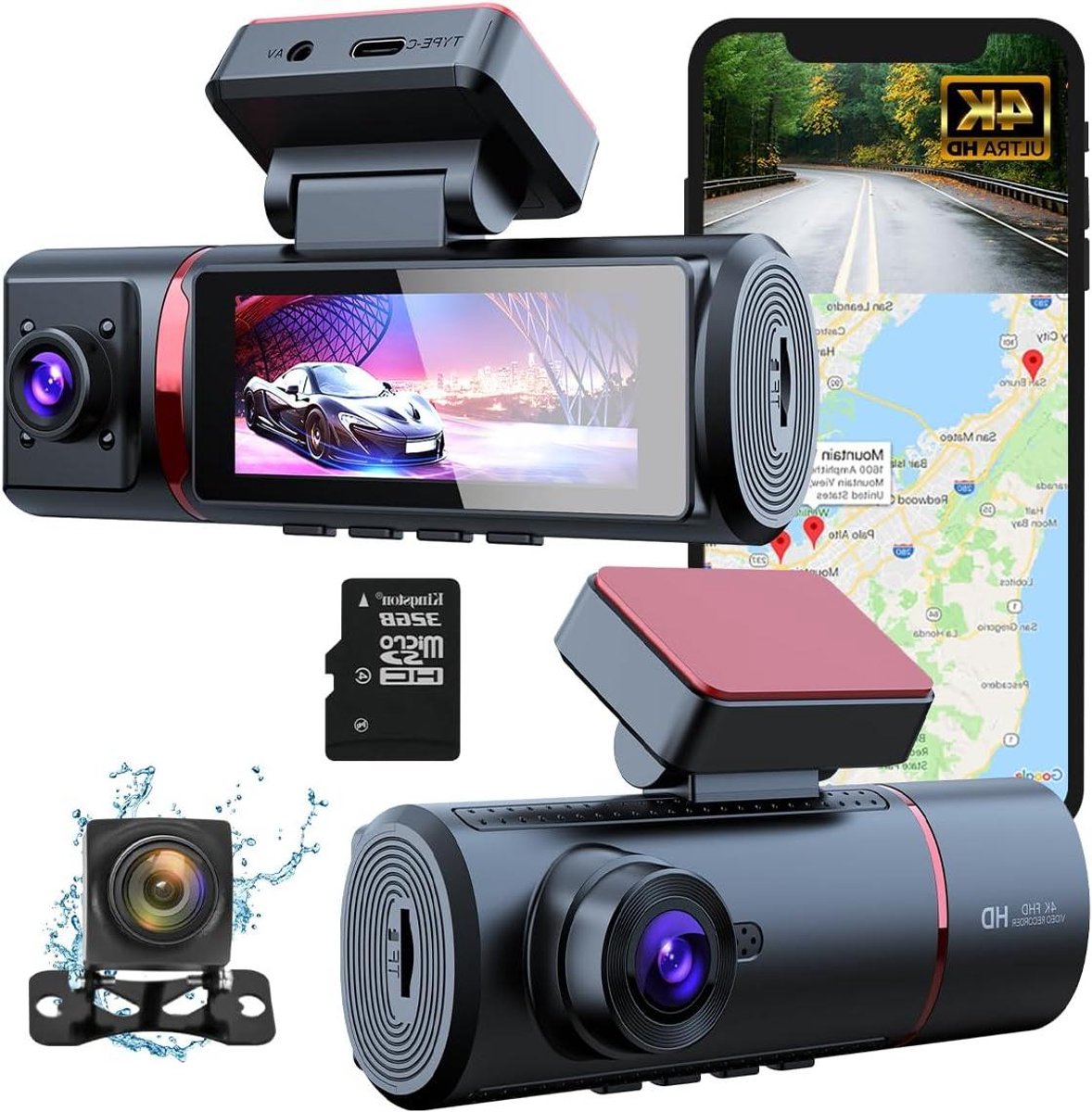 4K Dashcam - Auto Camera - Verkeersveiligheid Vastleggen - 3-in-1 Opname - 3.5 inch Scherm - Zwart