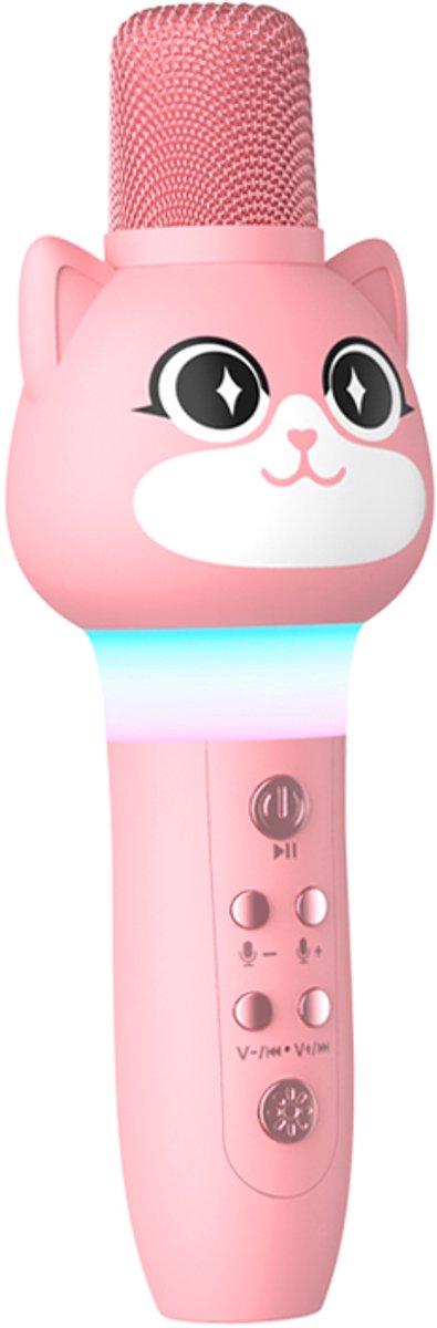 Kids Karaoke Microfoon – Kat Design – Bluetooth – 5W Speaker – Stemvervormer – Vocal Cut – TWS – RGB LED – Roze K15