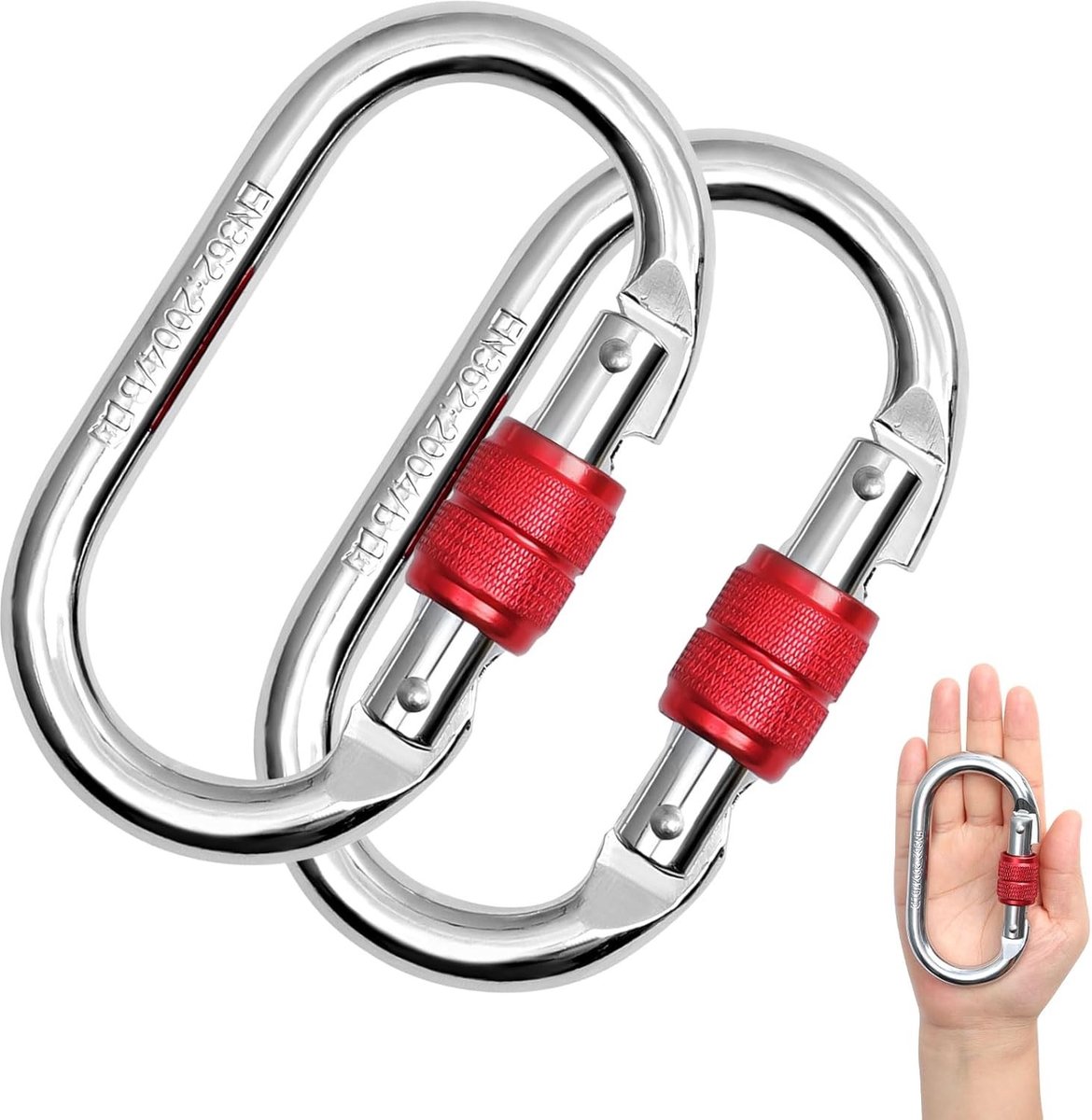 Grote Rvs Carabiners met Schroefdop - 2 Stuks - Sterke Haak voor Hangmatten, Wandelen en Aerial Hoepels