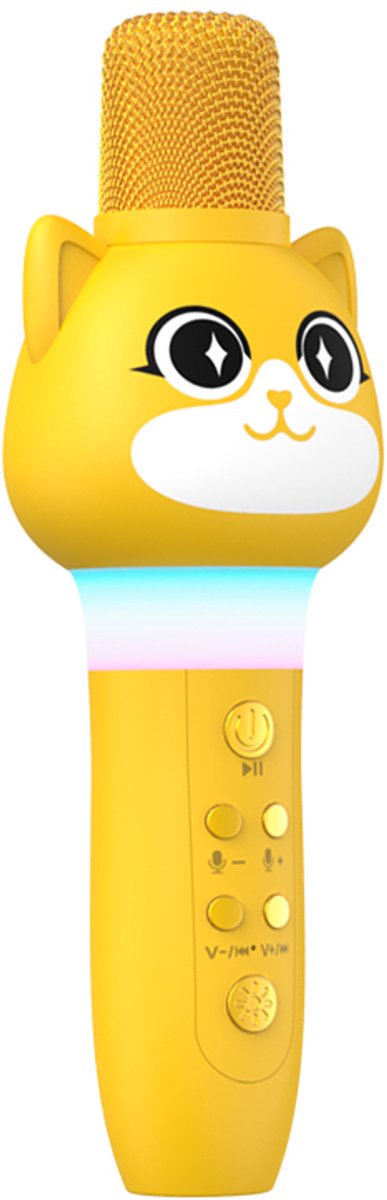 Kids Karaoke Microfoon – Kat Design – Bluetooth – 5W Speaker – Stemvervormer – Vocal Cut – TWS – RGB LED – Geel K15