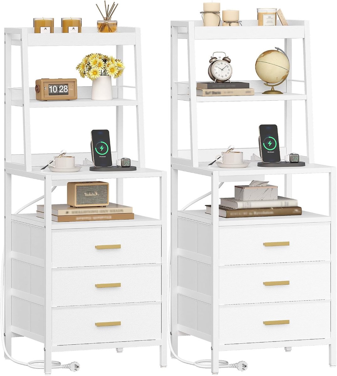 Hzuaneri Nachtkastje set van 2, Nachtkastje met Oplaadstation en Metalen Opbergplank, 2 Stopcontacten en 2 USB-poorten, Bijzettafel met 3 Stoffen Lades, Voor Slaapkamer, Woonkamer, Wit