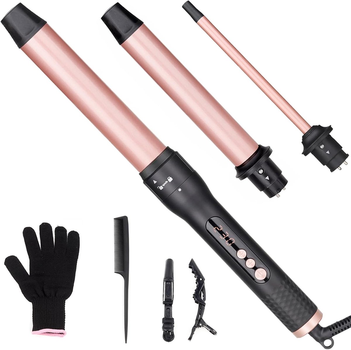 Keramische krultang, 3-in-1 haarstyler met LCD-scherm voor het creëren van grote golven – multifunctionele verwisselbare 9-32 mm krultang met handschoen.
