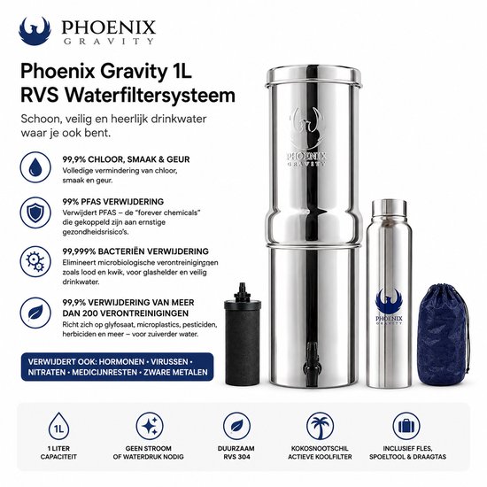 Overzicht van de Phoenix Gravity 1 liter set met filter, RVS waterfles en draagtas