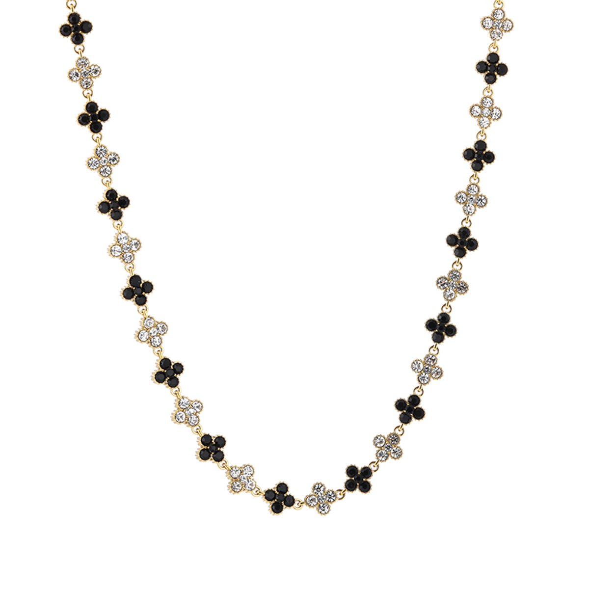 Elegante Roestvrij Stalen Dames Ketting - Klaverketting met Kristalsteentjes - Stainless Steel Ketting - Zwart