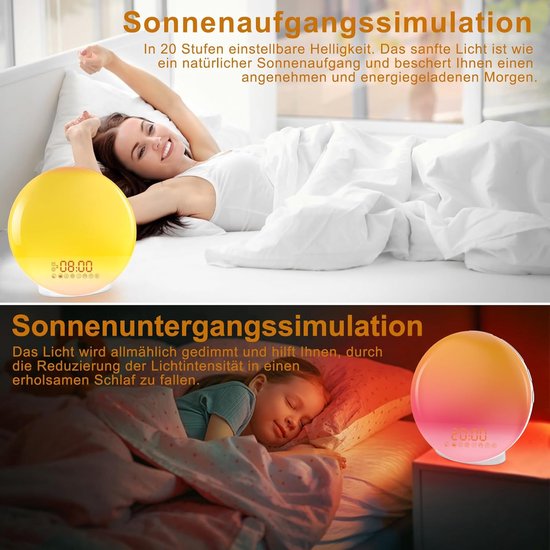 Wake Up Light - Wekker Lamp - Zonsopgang Simulatie - 8 Natuurgeluiden - 2 Alarmen - Geel van Wake-up Light — afbeelding 5