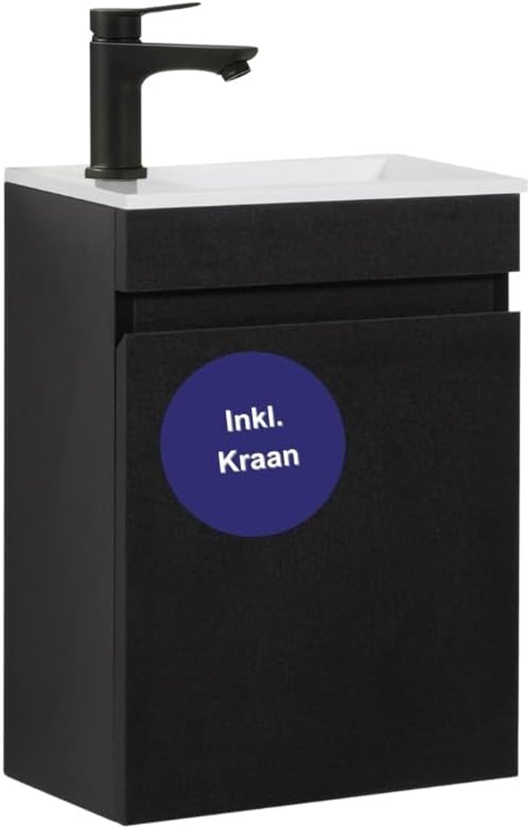 SnelShoppen - Gastentoilet wastafelset, badkamerkast, voorgeassembleerd, kleine wastafel met onderkast (Zwart 40cm, Met zwarte kraan)