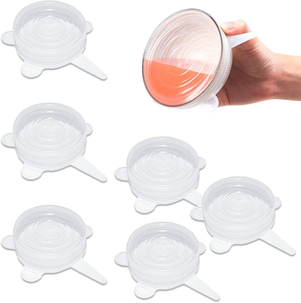 Set van 6 siliconen deksels - Voedselbewaardeksels - Flexibel en rekbaar - Herbruikbaar - Gemakkelijk schoon te maken - Eenvoudig in gebruik - Geschikt voor blikken, fruitpotten en waterbekers - Diameter 6 cm - Transparant