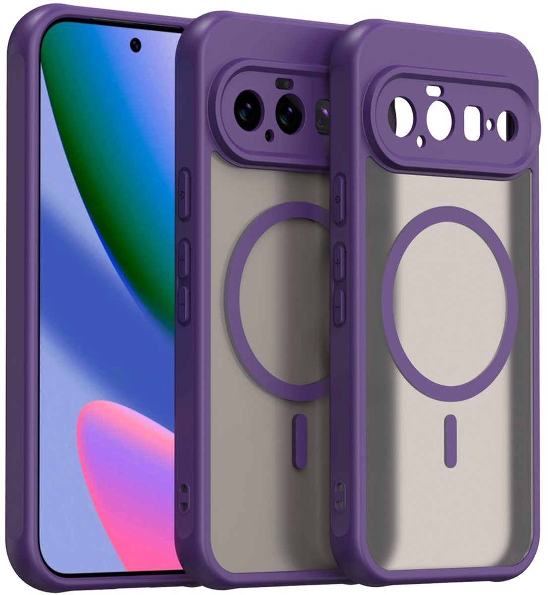 MobyDefend Hoesje - Geschikt voor Google Pixel 11 Pro XL - Case Geschikt voor MagSafe - Mat Transparant Met Gekleurde Rand - Paars