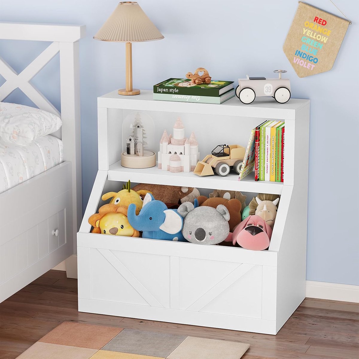 Speelgoedkast Kinderen - Kinderboekenkast met 2 Grote Opbergvakken - Speelgoedorganizer op Peuterhoogte - 80 x 42 x 81 cm - Inclusief Anti-kantelsysteem - wit