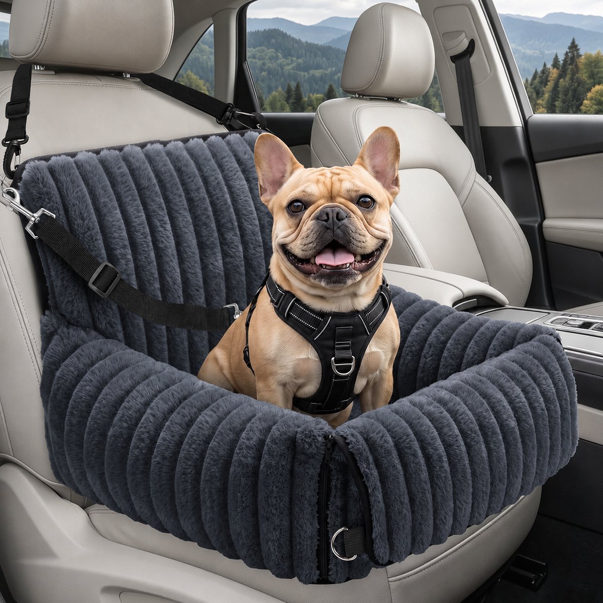 Autostoel Hond 48 × 48 × 38 cm – Hondenmand Auto voor Kleine en Middelgrote Honden – Wasbare Autostoel Hond met Rits en Draaggrepen – Honden Autostoel, Automand Hond en Hondenstoel Auto voor Voorstoel en Achterbank – Grijs