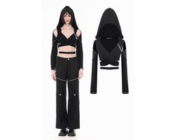 Dark in Love - Punk DarkWear Hooded with ColdShoulder and Metallic PinChain Accents Crop top - L - Zwart