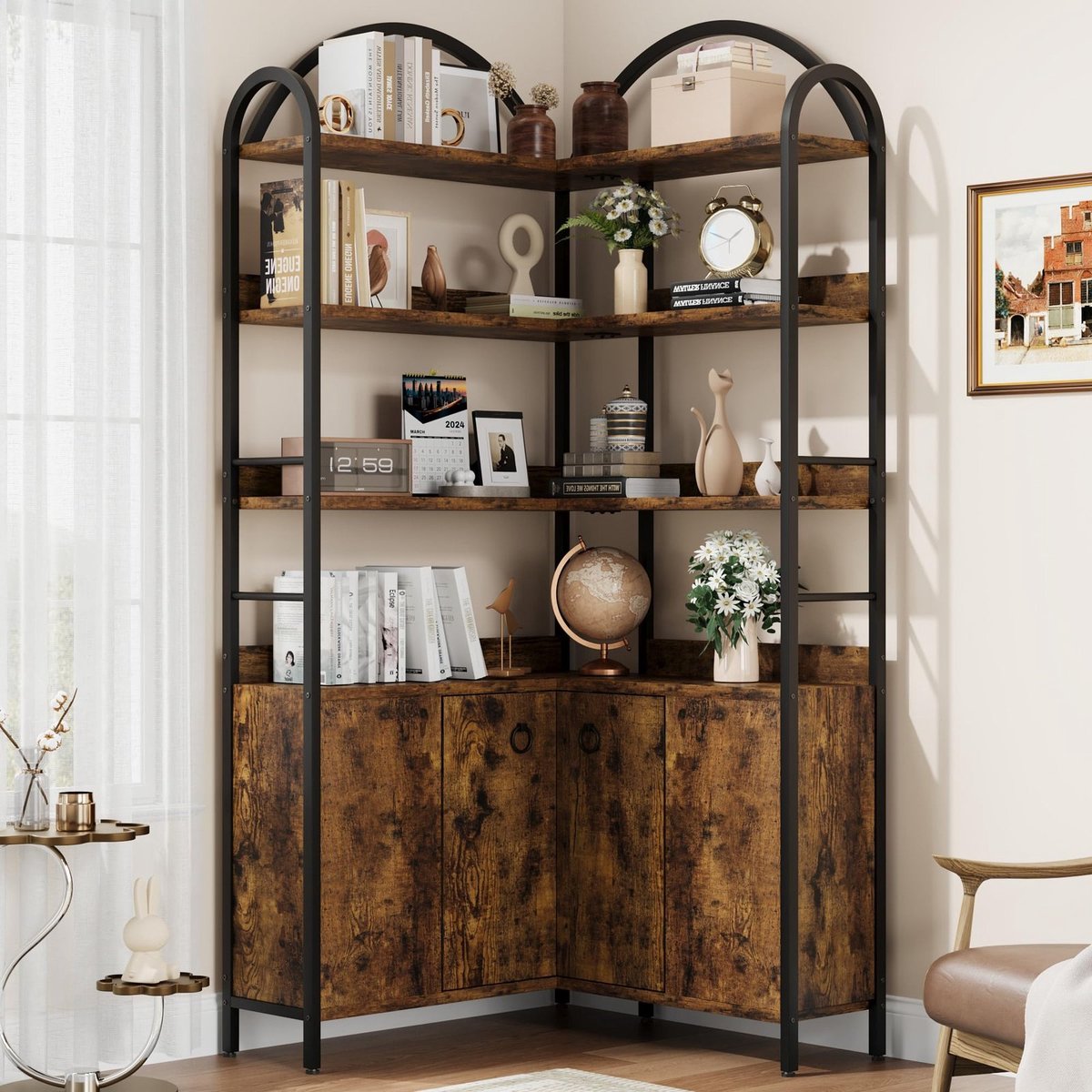 L-vormige hoekboekenkast met kast en zes etages, gebogen ontwerp, metalen frame - vintage stijl.