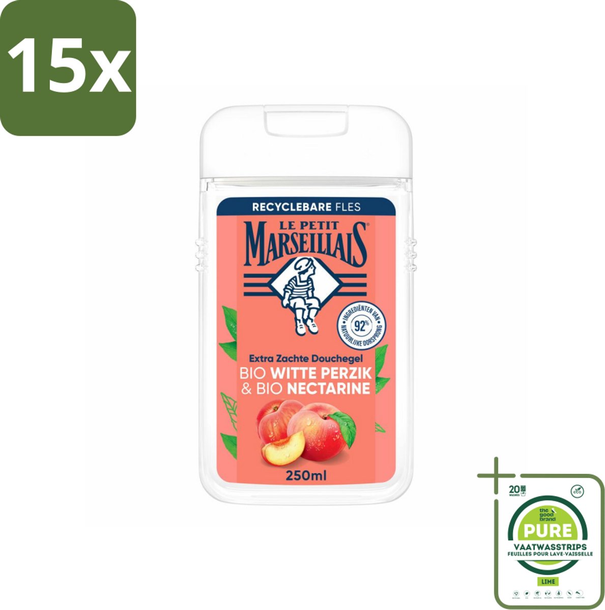 15 x Le Petit Marseillais – Douchegel – Bio Perzik & Nectarine – Verfrissend – 250 ml - Grootverpakking - Douchegel Bio Perzik En Nectarine - Frisse Douchegel - Bio Douchegel - Fruitige Douchegel - Perzik En Nectarine Douchegel