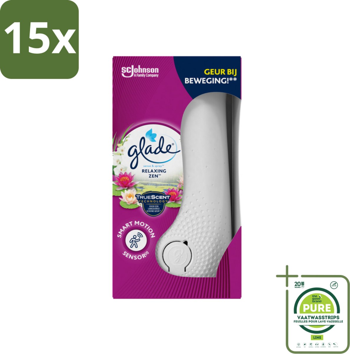 15 x Glade - Houder Sense & Spray - Relaxing Zen - 18 ml - Grootverpakking - Luchtverfrisser - Geurverspreider - Glade Sense & Spray - Relaxing Zen - Automatische Geur