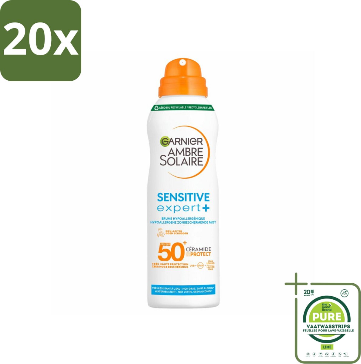 20 x Garnier - Ambre Solaire - Mist Spray - Sensitive Expert+ - SPF 50+ - 150 ml - Grootverpakking - Zonnebrand - Zonnebescherming - Gevoelige Huid - SPF 50 - Mist Spray