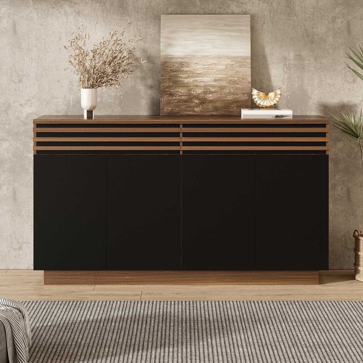 VVBV Dressoir - 150 x 40 x 85 cm, Zwart-Bruin, met 2 Lades en 4 Deuren, Verstelbare Planken, MDF, Veel Opbergruimte