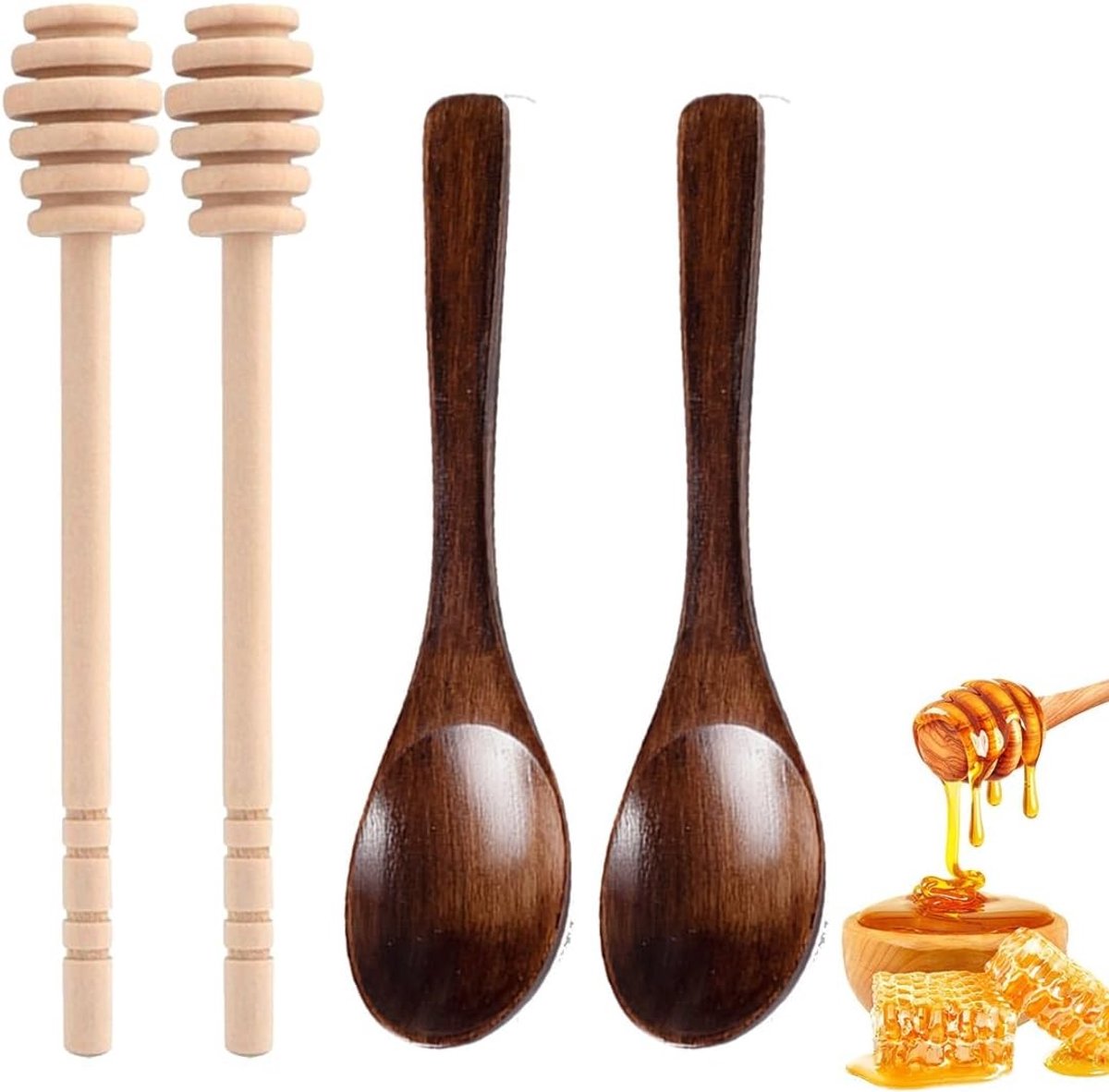 Houten honinglepels en roerstaafjes set van 6, ideaal voor honing, thee en desserts