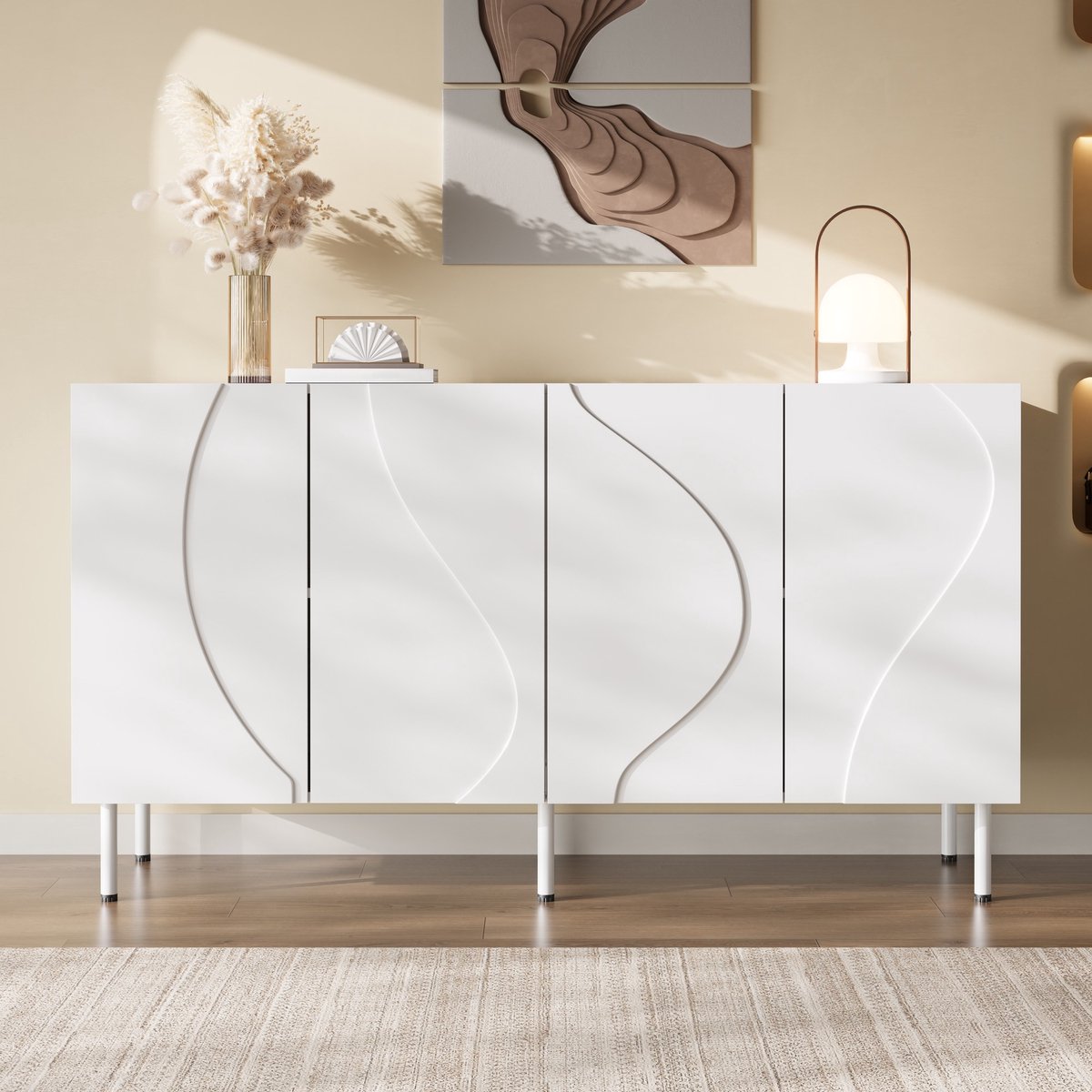 VVBV Dressoir - 140 x 40 x 77,5 cm, Wit, met 4 Deuren, Push-to-Open, Reliëffronten, Metalen Poten, MDF & Spaanplaat