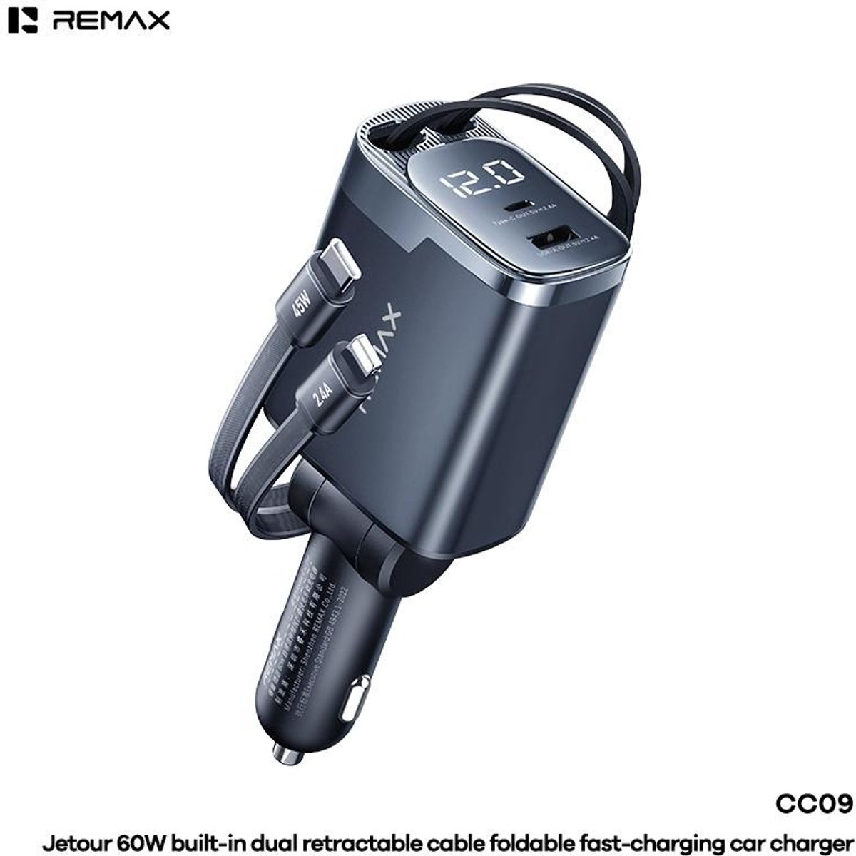 Remax CC09 Jetour - Autolader - 60W - Twee intrekbare kabels - Opvouwbaar - Tarnish