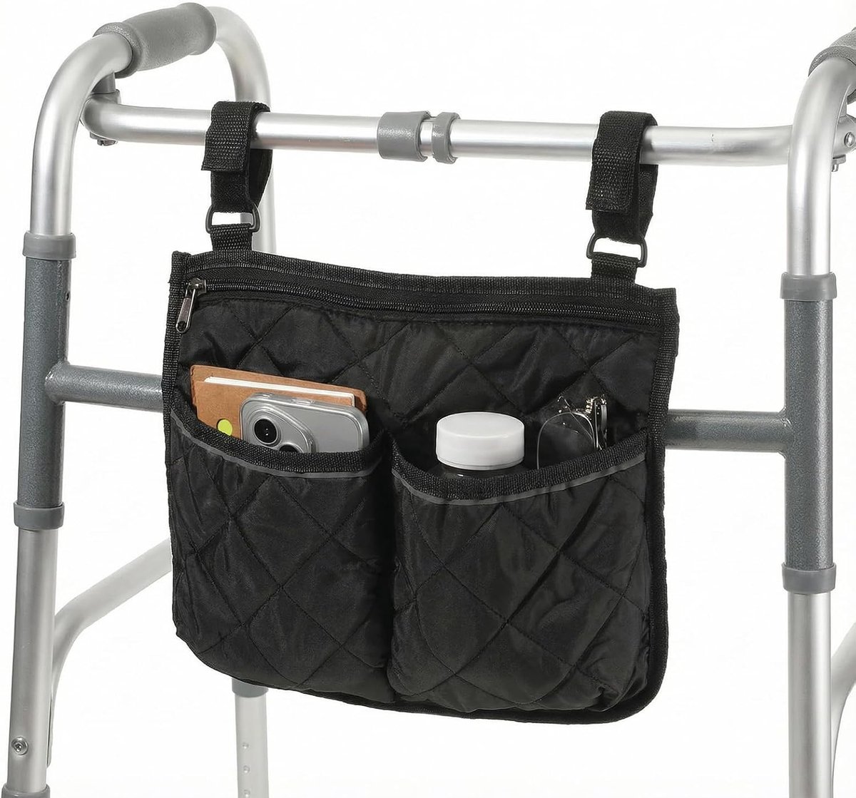 SnelShoppen - Vouwbare Wandelstok Tas met Reflecterende Veiligheidsstrips, Ruime Opbergtas voor Rollator, 2 Verstelbare Bandjes voor Senioren, Nachtzi
