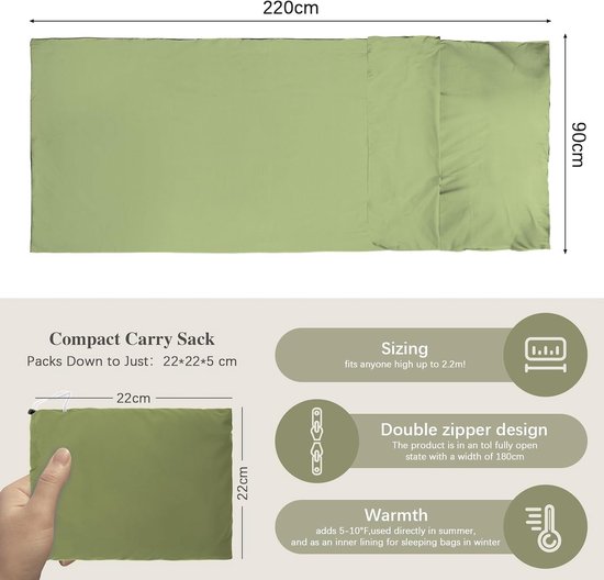 Ultralichte Huttenslaapzak - Groen - 220 x 90 cm - Ademend en Duurzaam - Voor Kamperen en Reizen — afbeelding 4