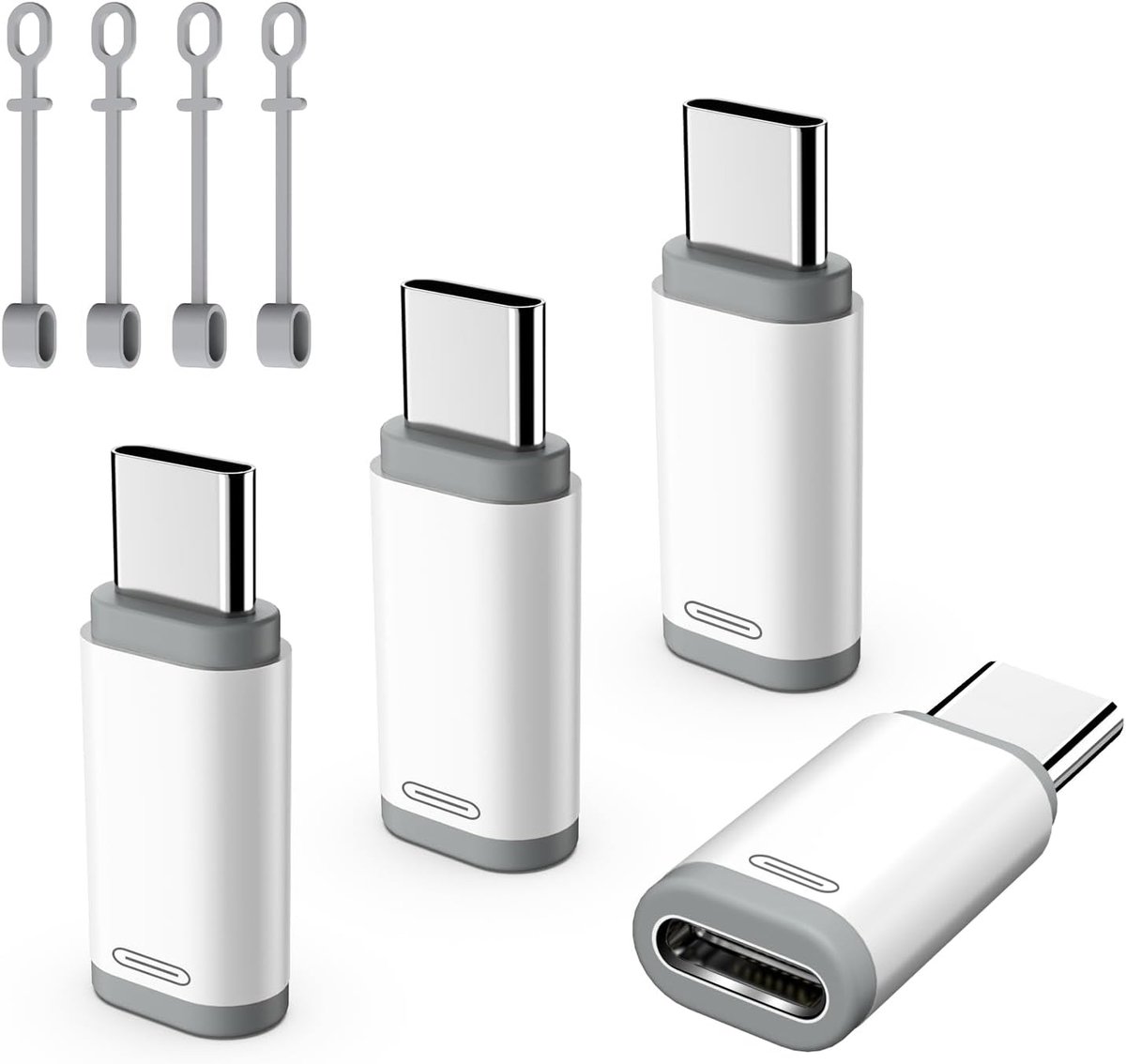 SnelShoppen - 4-Pack USB C naar Lightning Adapter met Anti-Verlies Lus, Wit | Ondersteunt Opladen & Gegevensoverdracht voor iPhone 17/16 Pro Max Plus,