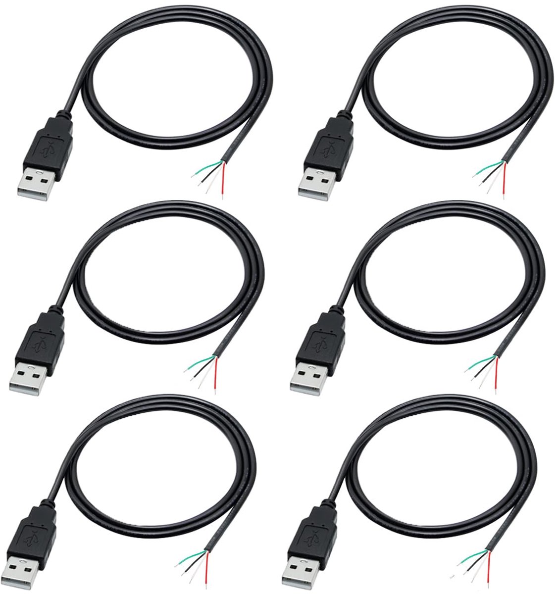 SnelShoppen - Greluma Pigtail USB Stekker, 6 Stuks, 4-Kern, 22 AWG, 1M USB 2.0 Kabel met 4-Pins Open Einde en 12V USB Stekker voor Elektronica, Voedin