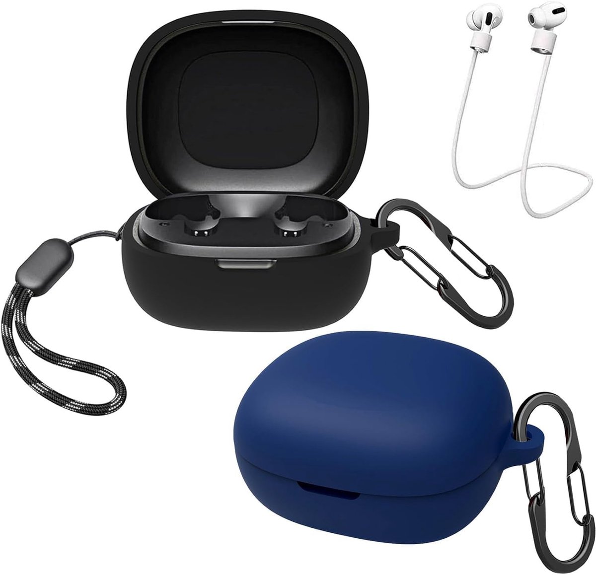 SnelShoppen - Beschermcase voor Bluetooth Hoofdtelefoon met 2 Karabijnhaken, 2 Anti-Verlies Bandjes, Vloeibare Silicone, Ultra Dun Schokbestendig, Zwa