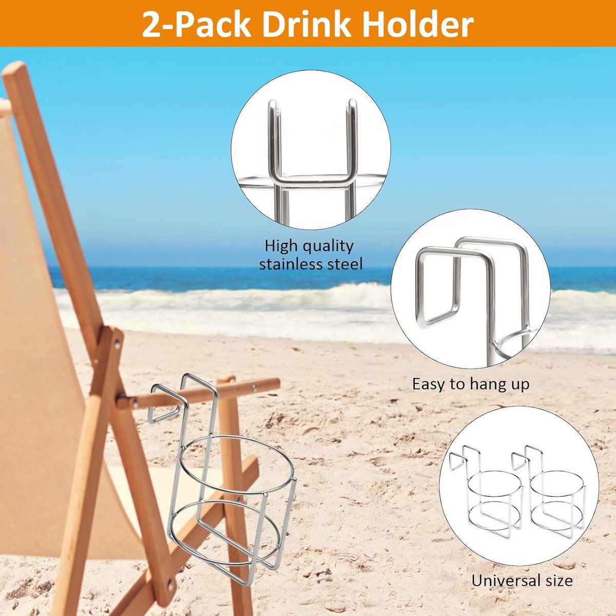 Stalen bekerhouders 2 stuks - voor strandstoel - stevige constructie - perfect voor drankjes - ShopVlot