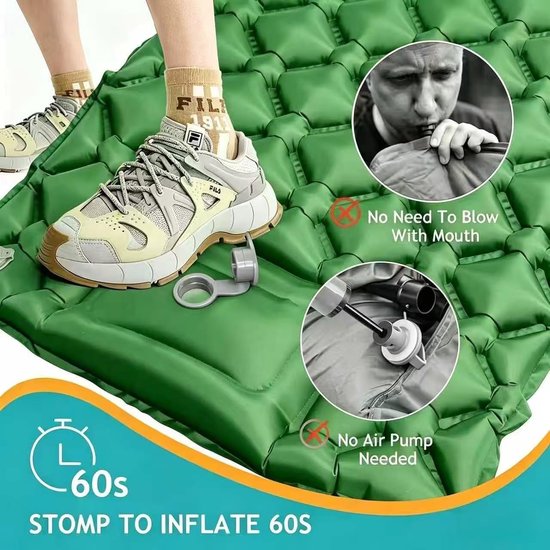 Camping Matras - Slaapmat Luchtbed - Buiten Overnachten - Zelfopblazend met Voetpomp - 195 x 65 cm - Groen van Camping — afbeelding 2
