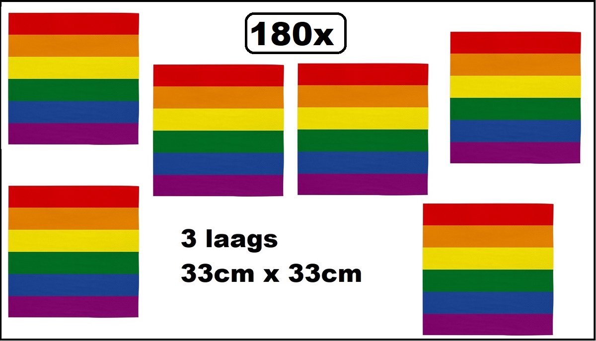 180x Servetten Regenboog 33cm x 33cm - 3 laags - Luxe Servet diner eten knoeien restaurant Rainbow Pride parade BBQ thema feest verjaardag feest