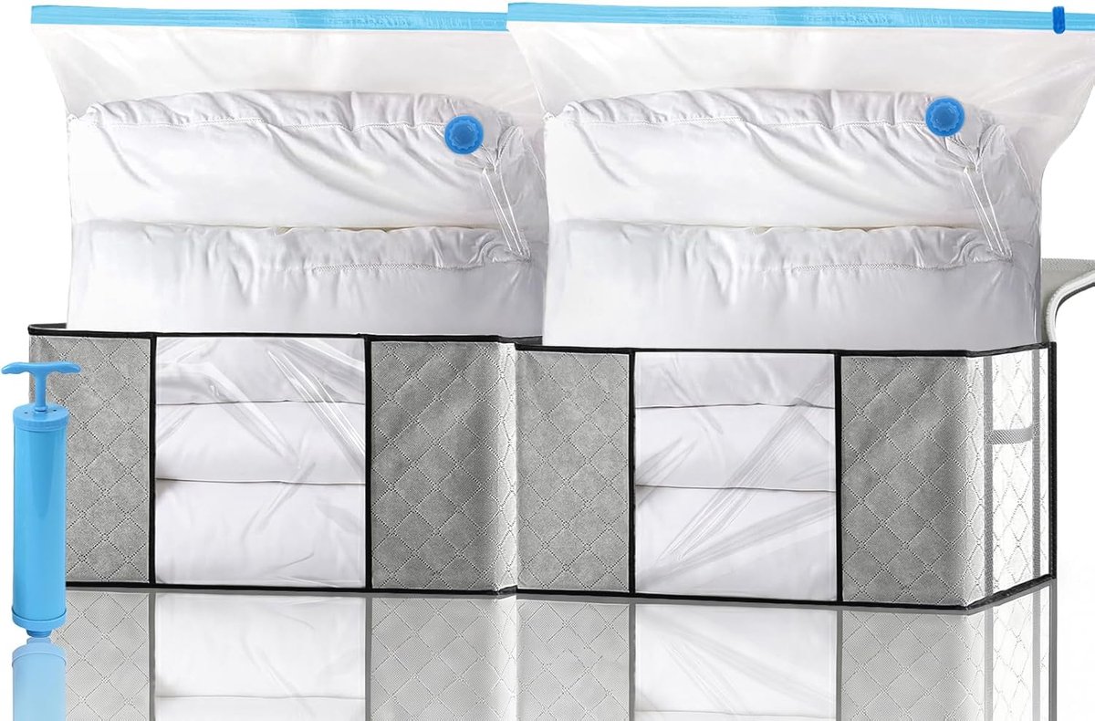 SnelShoppen - 2 Pack 90L Kledingopbergdozen, 2 Vacuümzakken en 1 Pomp, Vouwbare Kastdozen met Verstevigde Handgreep, Opbergzakken voor Kleding, Dekens