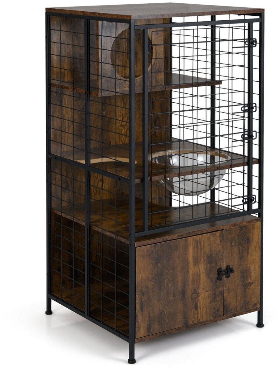 Kattenren - Kattenhuis - Voor buiten - Kattenhok - Kattenkooi - Bench - Ren - Weerbestendig - 3 verdiepingen - Duurzaam - Bruin