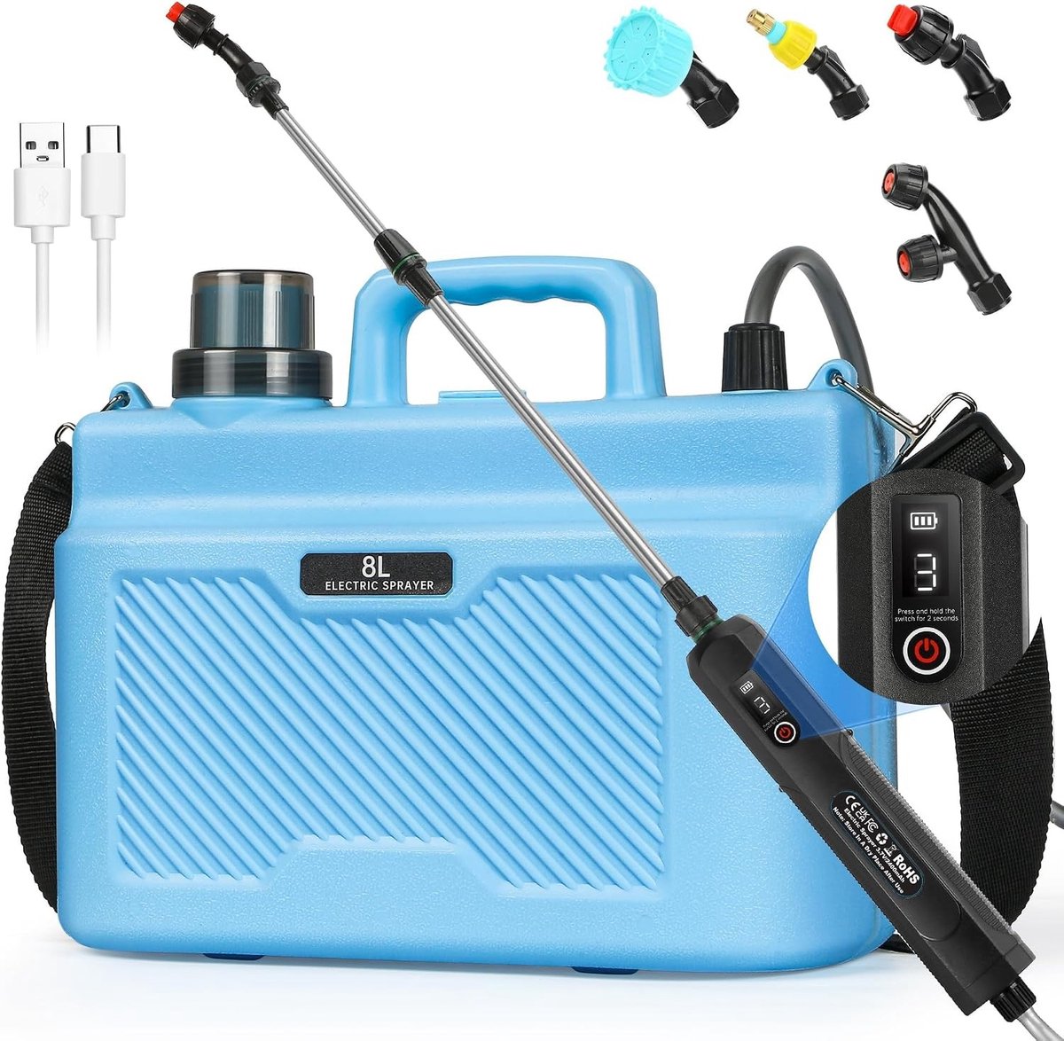 Elektrische Sproeier - Wit - 8 Liter - Draadloze Schouderpomp met Verstelbare Waterdruk - Voor Plantenverzorging