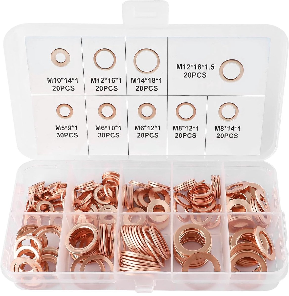 SnelShoppen - 200 Stuks Koper Ronde Schijven Assortiment Vlakke Ringafdichtingen Oil Drain Plug Seal Set M5, M6, M8, M10, M12, M14 (9 Maten)