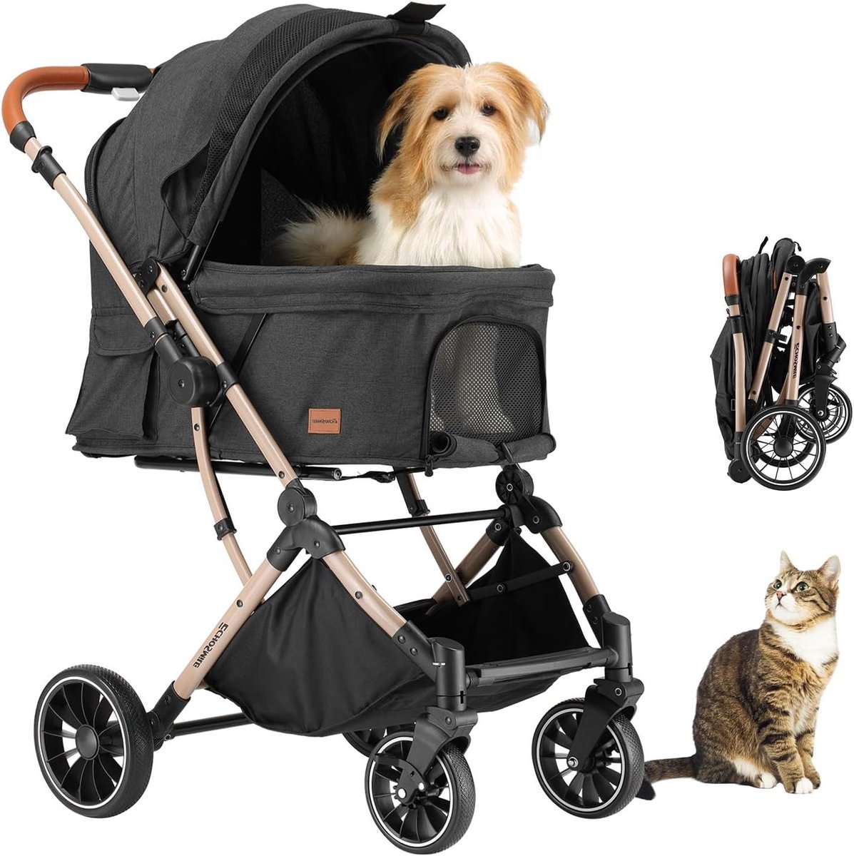 Opvouwbare Hondenwagen - Dierenbuggy Kattenwagen - Comfortabel Vervoer - Omkeerbare Handgreep - Tot 20 kg - Zwart