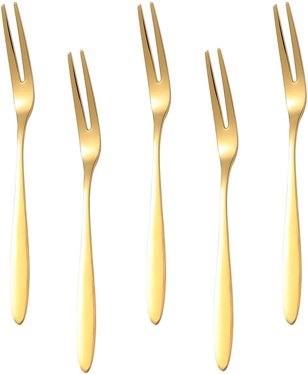 SnelShoppen - 5 Pack RVS Mini Appetizer Forks, 2-tand Cocktail Dessert Fruit Tasting Forks voor Feest, Reizen, 13cm Goud